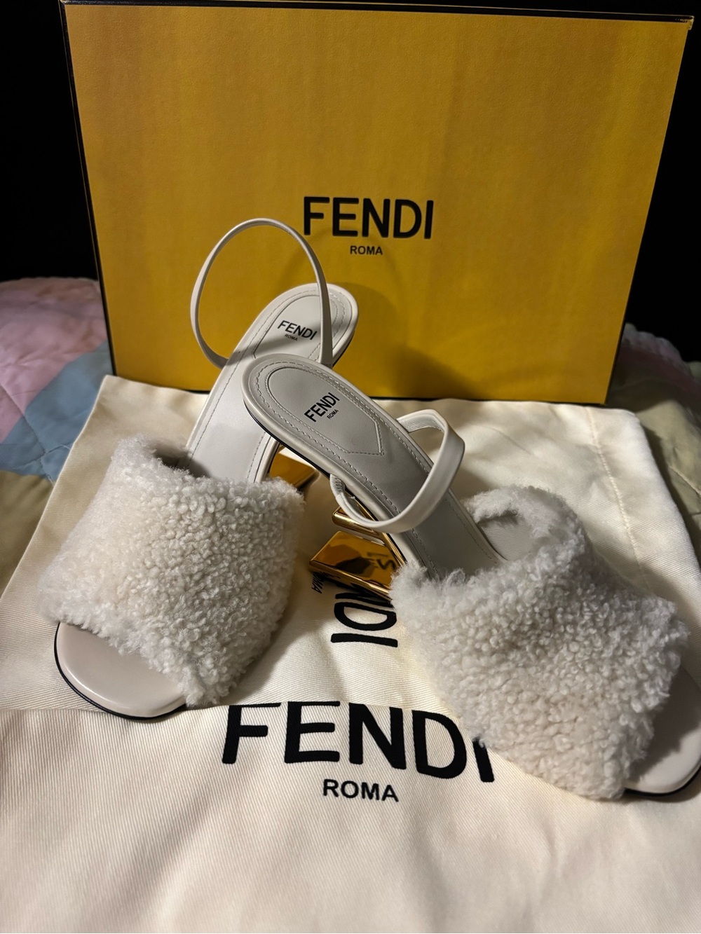Fendi White Shearling Slingback Mules with Gold Heel